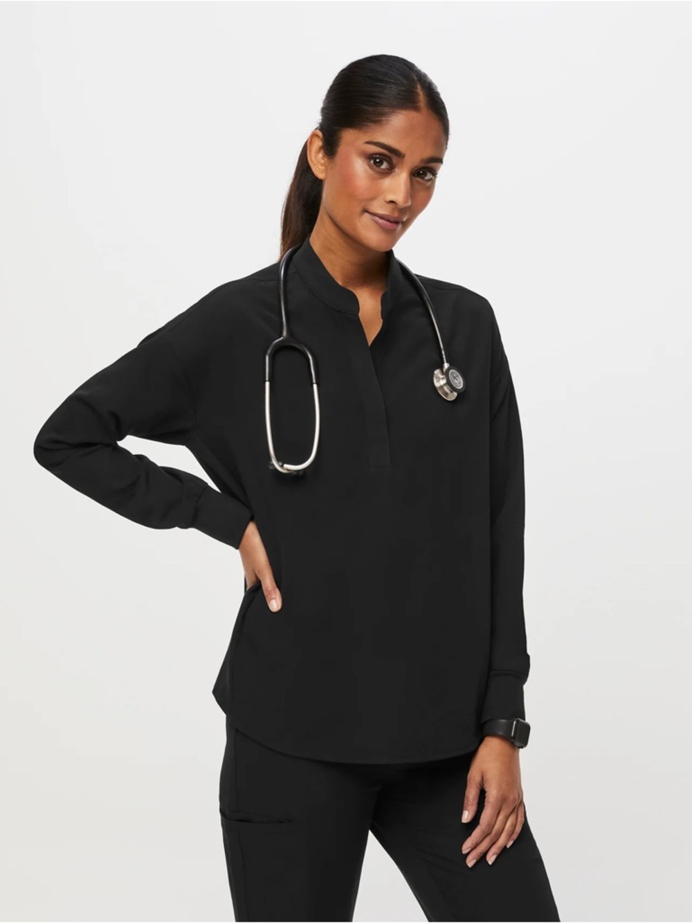 Figs Black Rafaela relaxed  Mandarin Collar Long-Sleeve Women's Top